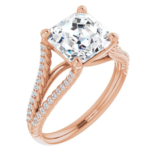 10K Rose Gold Customizable Asscher Cut Style with Split Band and Rope-Pavé
