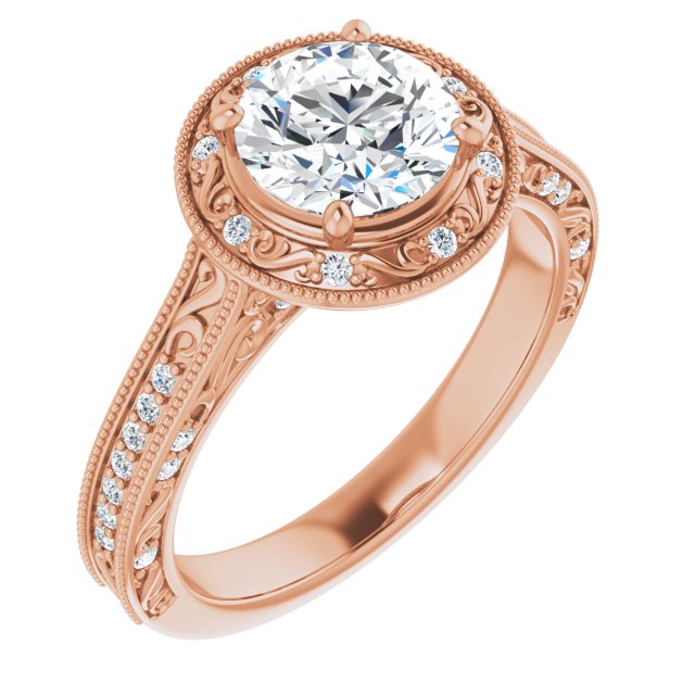 10K Rose Gold Customizable Vintage Artisan Round Cut Design with 3-Sided Filigree and Side Inlay Accent Enhancements