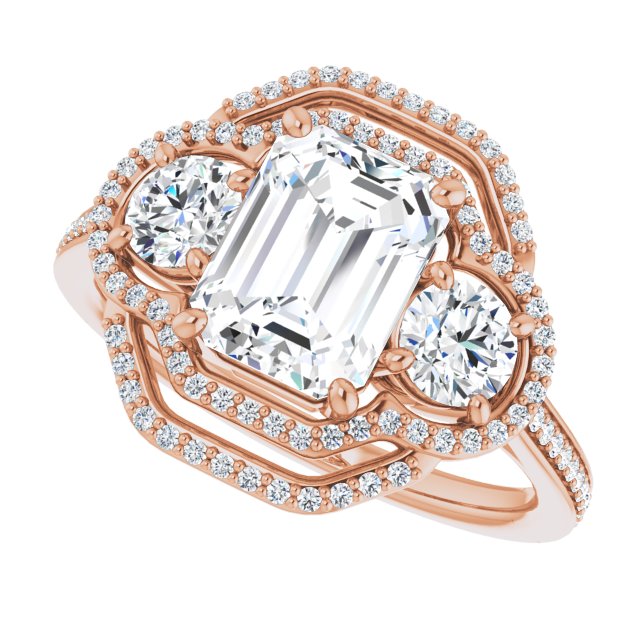 Cubic Zirconia Engagement Ring- The e'Mariana (Customizable Enhanced 3-stone Double-Halo Style with Radiant Cut Center and Thin Band)