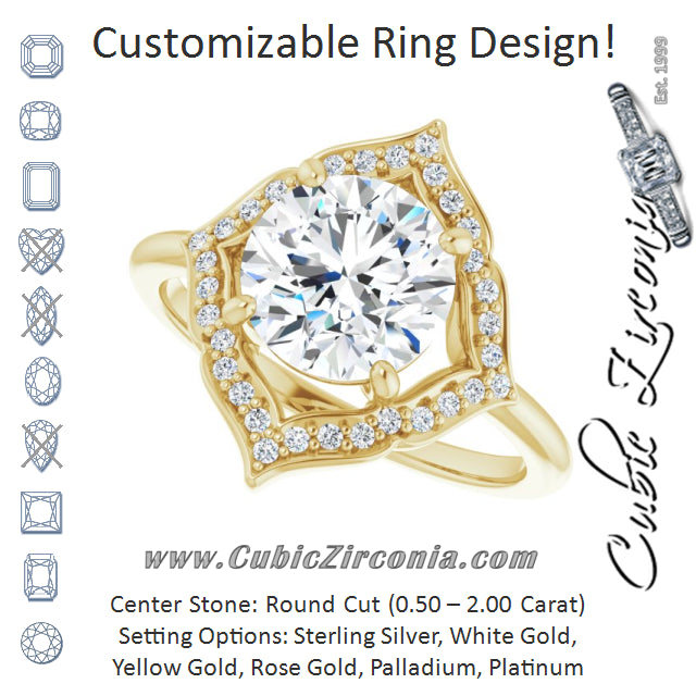 Cubic Zirconia Engagement Ring- The Casie Jean (Customizable Round Cut Style with Artistic Equilateral Halo and Ultra-thin Band)