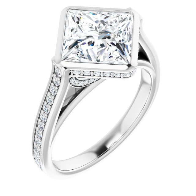 10K White Gold Customizable Cathedral-Bezel Princess/Square Cut Design with Under Halo and Shared Prong Band