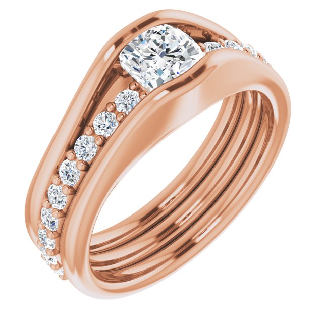 10K Rose Gold Customizable Bezel-set Cushion Cut Style with Thick Pavé Band