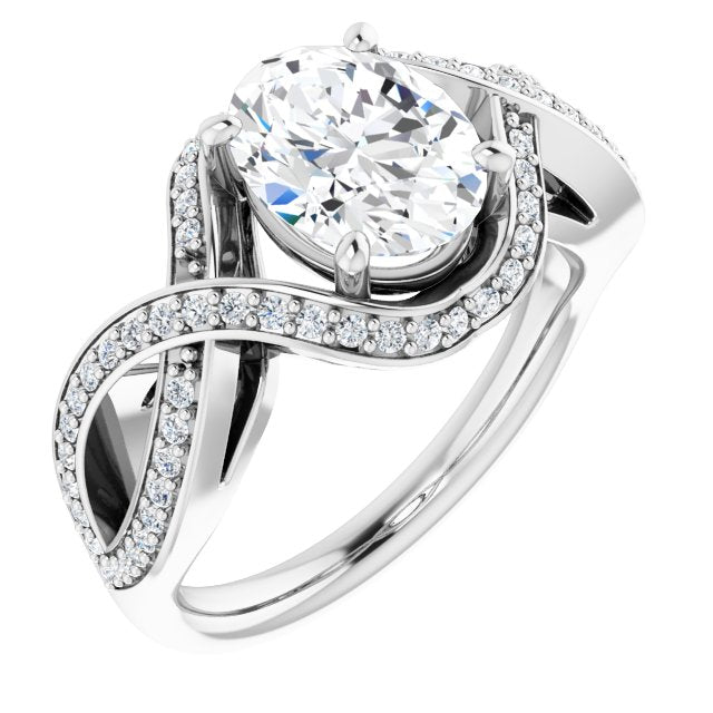 10K White Gold Customizable Oval Cut Design with Twisting, Infinity-Shared Prong Split Band and Bypass Semi-Halo