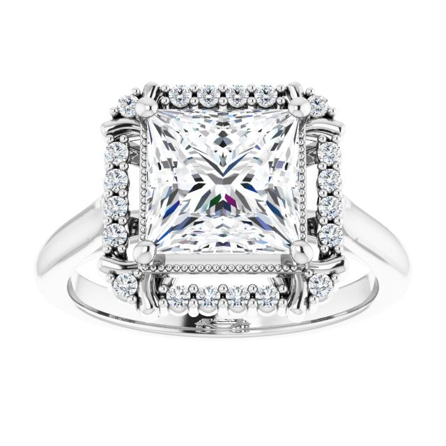Cubic Zirconia Engagement Ring- The Sana (Customizable Princess/Square Cut Design with Majestic Crown Halo and Raised Illusion Setting)