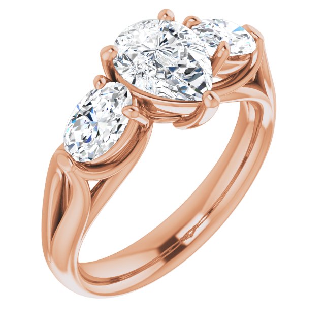 10K Rose Gold Customizable Cathedral-set 3-stone Pear Cut Style with Dual Oval Cut Accents & Wide Split Band