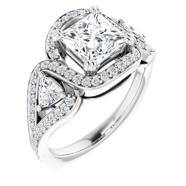 10K White Gold Customizable Princess/Square Cut Center with Twin Trillion Accents, Twisting Shared Prong Split Band, and Halo