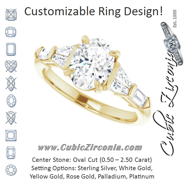 Cubic Zirconia Engagement Ring- The Annaliza (Customizable 7-stone Design with Oval Cut Center and Baguette Accents)