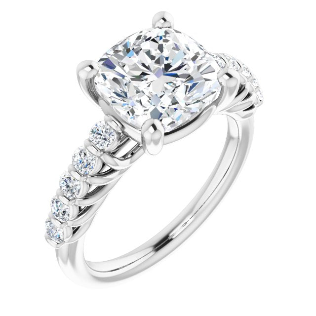 10K White Gold Customizable Cushion Cut Style with Round Bar-set Accents