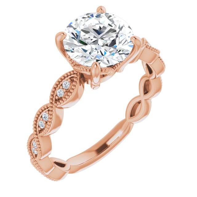 14K Rose Gold Customizable Round Cut Artisan Design with Scalloped, Round-Accented Band and Milgrain Detail
