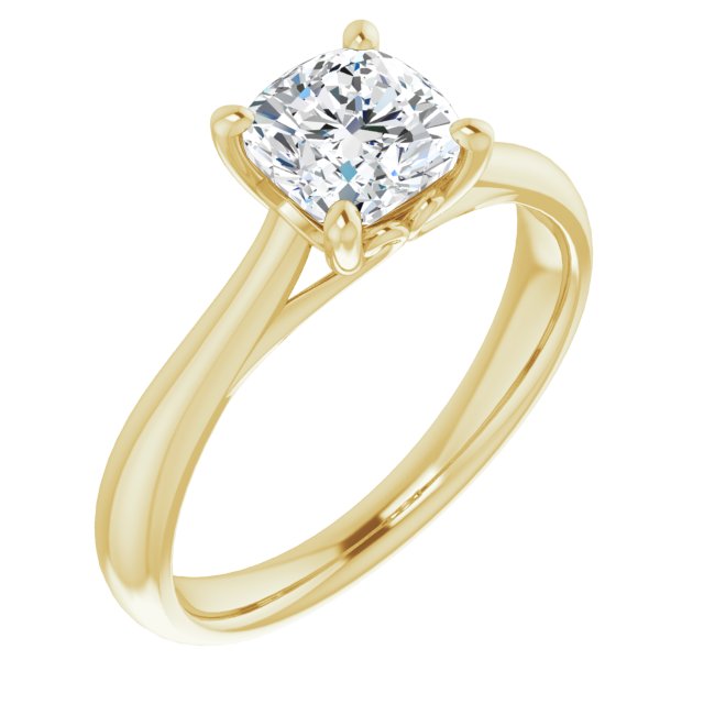 10K Yellow Gold Customizable Cushion Cut Solitaire with Decorative Prongs & Tapered Band