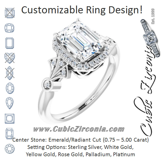Cubic Zirconia Engagement Ring- The Zhee (Customizable Cathedral-Crown Radiant Cut Design with Halo and Scalloped Side Stones)