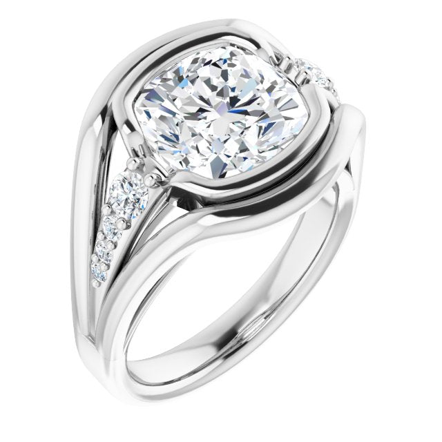 10K White Gold Customizable 9-stone Cushion Cut Design with Bezel Center, Wide Band and Round Prong Side Stones
