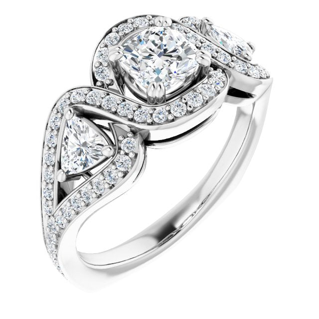 10K White Gold Customizable Cushion Cut Center with Twin Trillion Accents, Twisting Shared Prong Split Band, and Halo