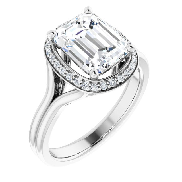 10K White Gold Customizable Cathedral-set Emerald/Radiant Cut Design with Split-band & Halo Accents