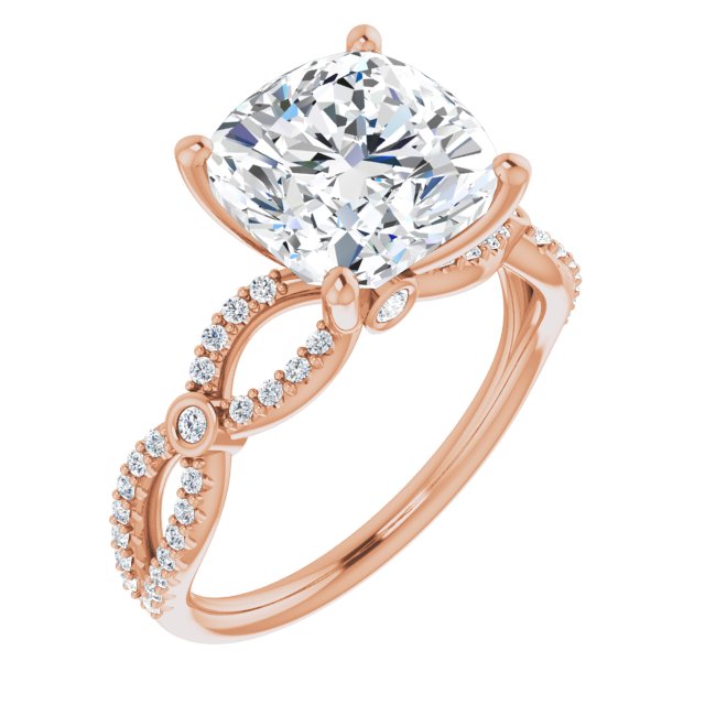 10K Rose Gold Customizable Cushion Cut Design with Infinity-inspired Split Pavé Band and Bezel Peekaboo Accents