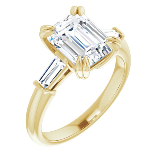 10K Yellow Gold Customizable 3-stone Emerald/Radiant Cut Design with Tapered Baguettes