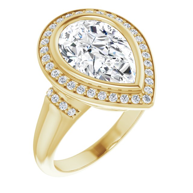 10K Yellow Gold Customizable Bezel-set Pear Cut Design with Halo and Vertical Round Channel Accents