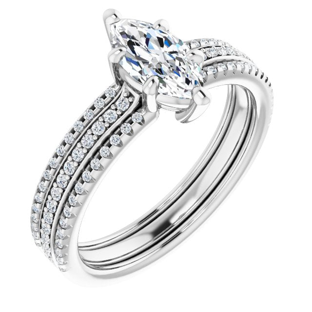 10K White Gold Customizable Marquise Cut Center with Wide Pavé Accented Band
