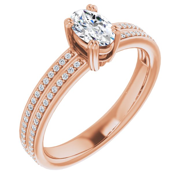 10K Rose Gold Customizable Oval Cut Center with 100-stone* "Waterfall" Pavé Split Band
