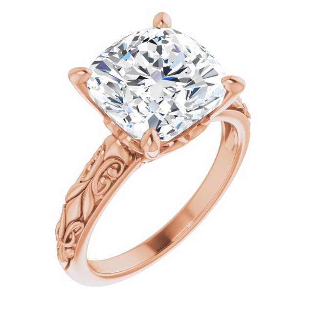 10K Rose Gold Customizable Cushion Cut Solitaire featuring Delicate Metal Scrollwork