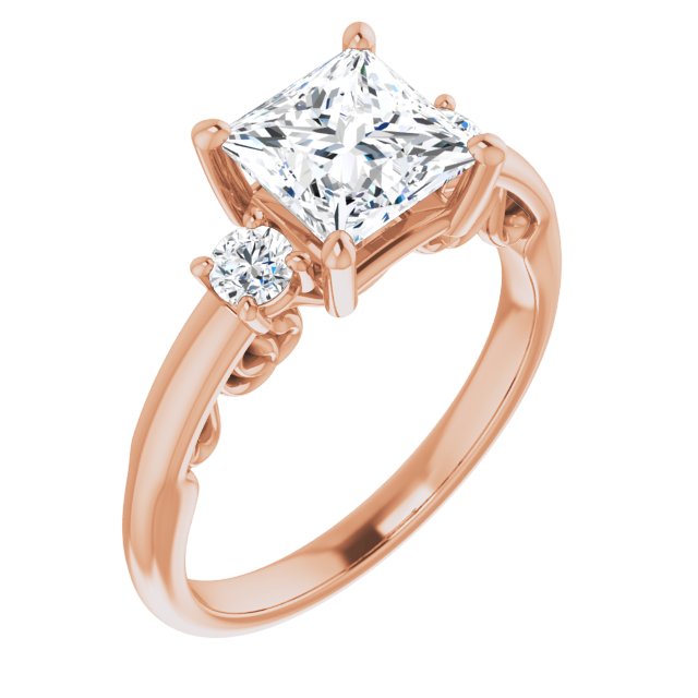 10K Rose Gold Customizable Princess/Square Cut 3-stone Style featuring Heart-Motif Band Enhancement