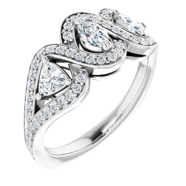 10K White Gold Customizable Marquise Cut Center with Twin Trillion Accents, Twisting Shared Prong Split Band, and Halo