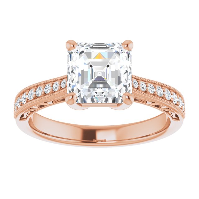Cubic Zirconia Engagement Ring- The Lina (Customizable Asscher Cut Design with Round Band Accents and Three-sided Filigree Engraving)
