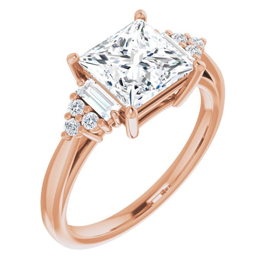 10K Rose Gold Customizable 9-stone Design with Princess/Square Cut Center, Side Baguettes and Tri-Cluster Round Accents