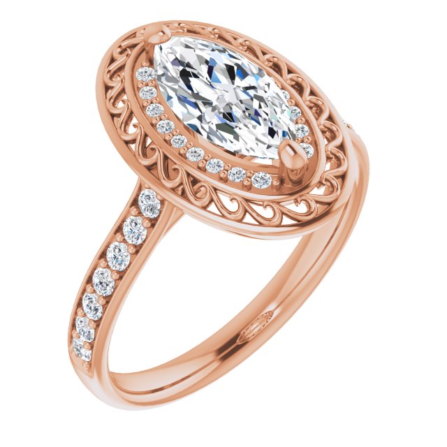 10K Rose Gold Customizable Cathedral-style Marquise Cut featuring Cluster Accented Filigree Setting & Shared Prong Band