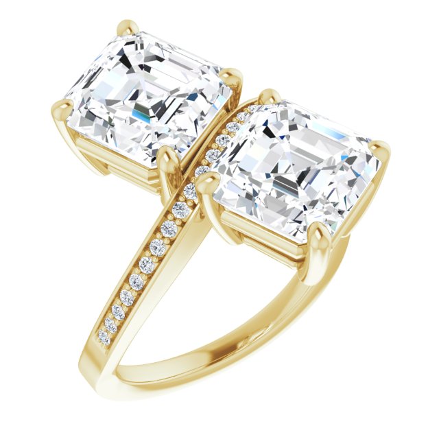 10K Yellow Gold Customizable 2-stone Asscher Cut Bypass Design with Thin Twisting Shared Prong Band