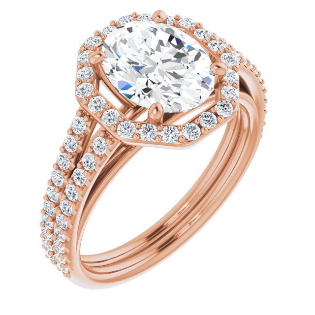 10K Rose Gold Customizable Cathedral Oval Cut Design with Geometric Halo & Split Pavé Band