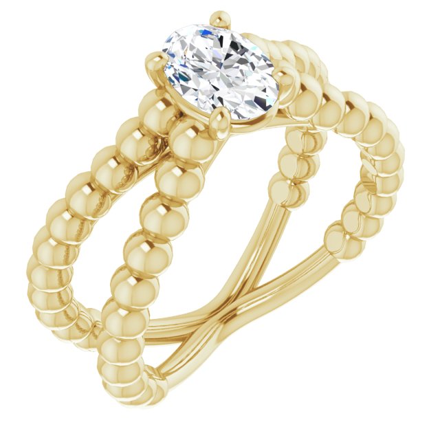 10K Yellow Gold Customizable Oval Cut Solitaire with Wide Beaded Split-Band
