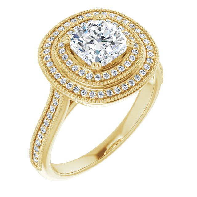 10K Yellow Gold Customizable Cushion Cut Design with Elegant Double Halo, Houndstooth Milgrain and Band-Channel Accents