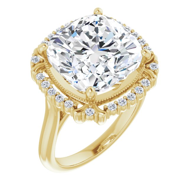 10K Yellow Gold Customizable Cushion Cut Design with Majestic Crown Halo and Raised Illusion Setting