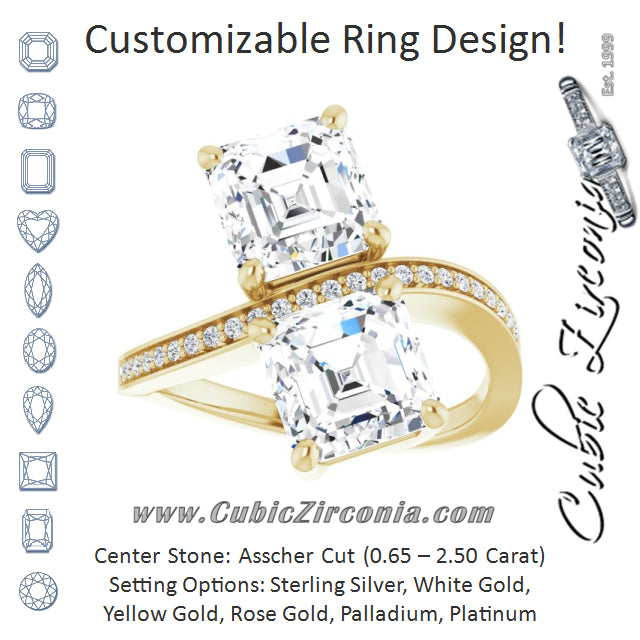 Cubic Zirconia Engagement Ring- The Ellie (Customizable 2-stone Asscher Cut Bypass Design with Thin Twisting Shared Prong Band)