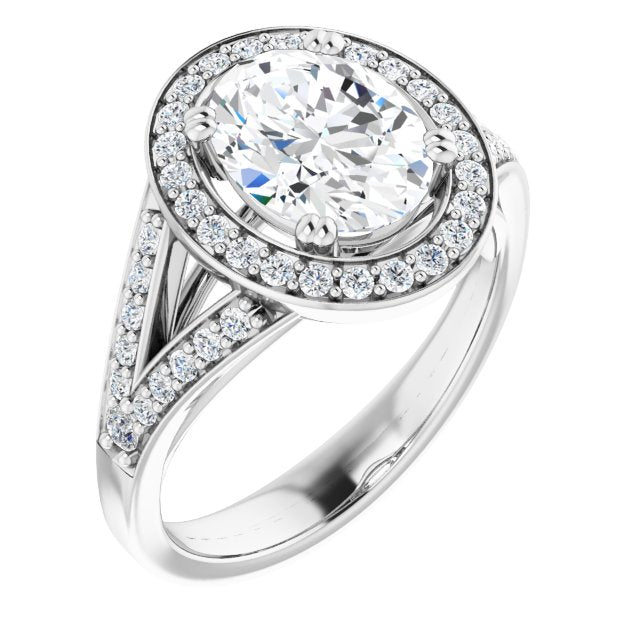 Platinum Customizable Cathedral-set Oval Cut Style with Accented Split Band and Halo