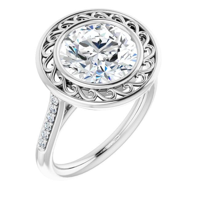 10K White Gold Customizable Cathedral-Bezel Round Cut Design with Floral Filigree and Thin Shared Prong Band