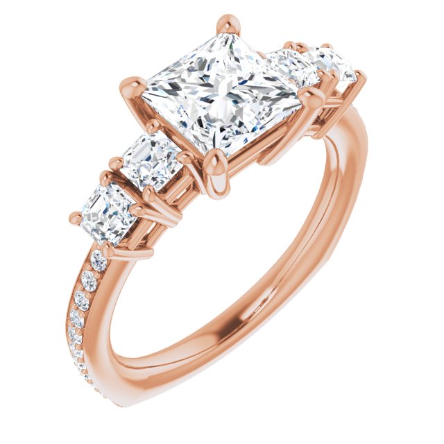 10K Rose Gold Customizable Princess/Square Cut 5-stone Style with Quad Princess/Square Accents plus Shared Prong Band