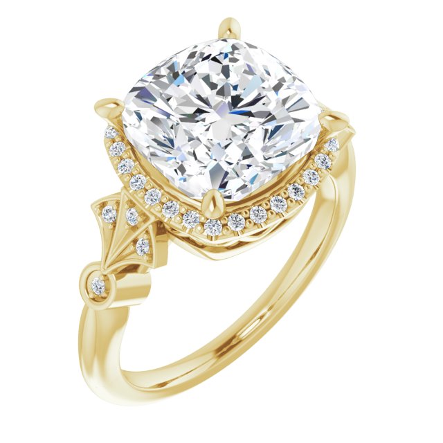 10K Yellow Gold Customizable Cathedral-Crown Cushion Cut Design with Halo and Scalloped Side Stones