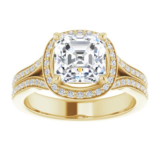 Cubic Zirconia Engagement Ring- The Dionne (Customizable Cathedral-raised Asscher Cut Setting with Halo and Shared Prong Band)