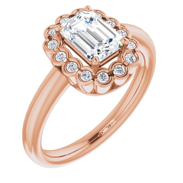 10K Rose Gold Customizable 13-stone Emerald/Radiant Cut Design with Floral-Halo Round Bezel Accents