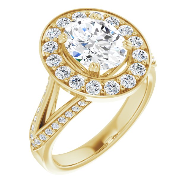 10K Yellow Gold Customizable Oval Cut Center with Large-Accented Halo and Split Shared Prong Band
