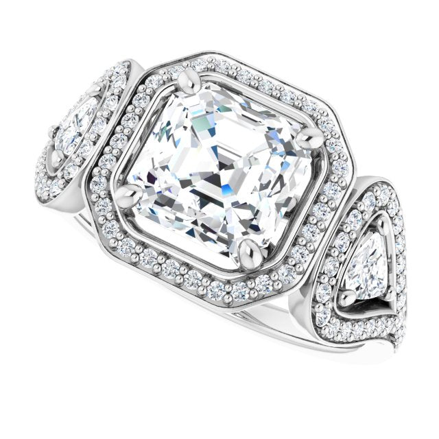 Cubic Zirconia Engagement Ring- The Cordelia (Customizable Cathedral-set Asscher Cut Design with 2 Trillion Cut Accents, Halo and Split-Shared Prong Band)