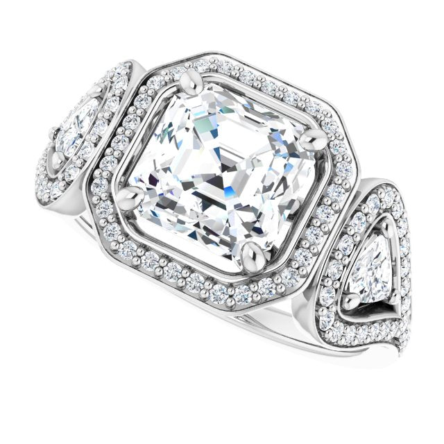Cubic Zirconia Engagement Ring- The Cordelia (Customizable Cathedral-set Asscher Cut Design with 2 Trillion Cut Accents, Halo and Split-Shared Prong Band)