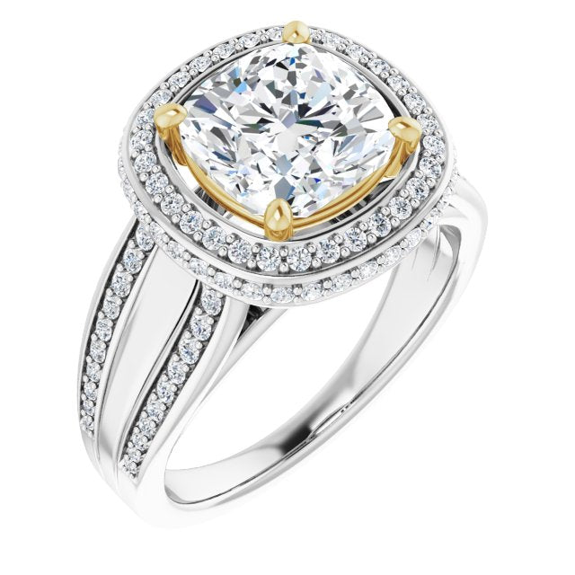14K White & Yellow Gold Customizable Halo-style Cushion Cut with Under-halo & Ultra-wide Band