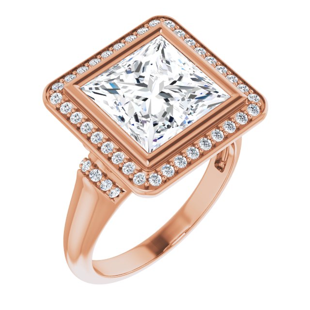 10K Rose Gold Customizable Bezel-set Princess/Square Cut Design with Halo and Vertical Round Channel Accents