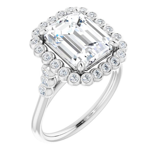 10K White Gold Customizable Emerald/Radiant Cut Cathedral-Style Clustered Halo Design with Round Bezel Accents