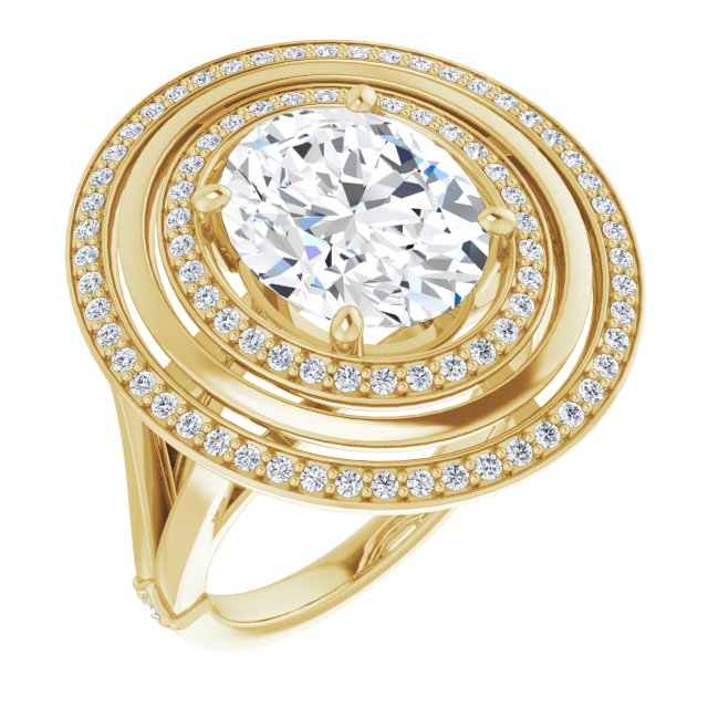 10K Yellow Gold Customizable Oval Cut Oversized 2x Halo Style with Knuckle Accented Split Band