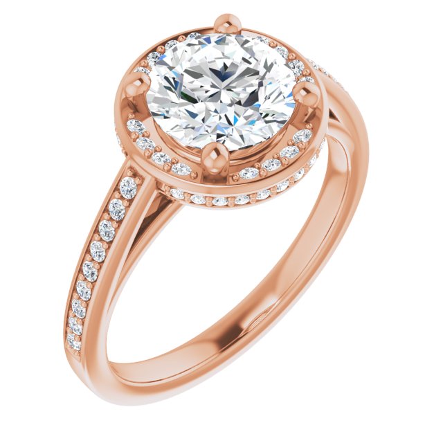 10K Rose Gold Customizable Cathedral-Halo Round Cut Design with Under-halo & Shared Prong Band