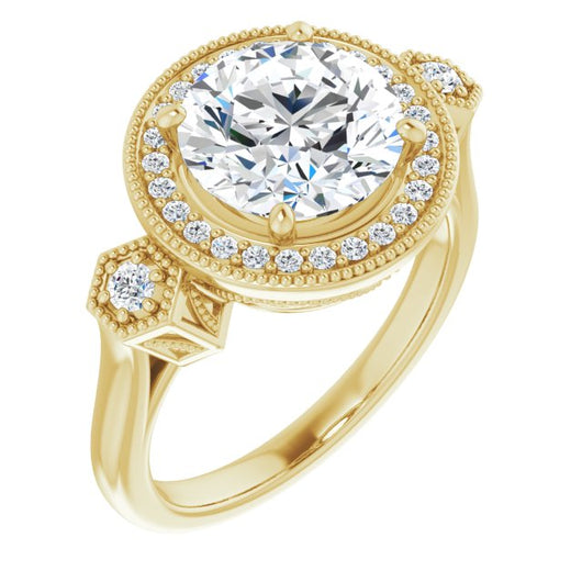 10K Yellow Gold Customizable Cathedral Round Cut Design with Halo and Delicate Milgrain